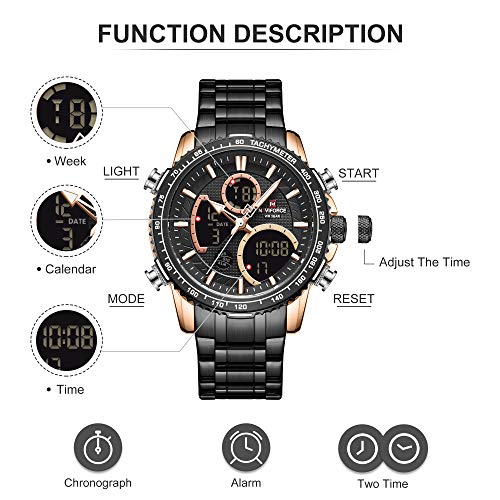NAVIFORCE NF9182-BRG Digital Watch Men Luxury Stainless Steel Analog Quartz