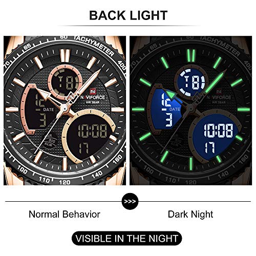 NAVIFORCE NF9182-BRG Digital Watch Men Luxury Stainless Steel Analog Quartz